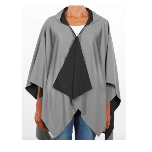 RainRaps Black Gray Hooded Rain Poncho Reversible One Size - Picture 2 of 6